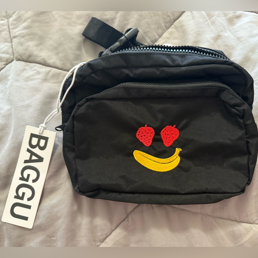 BAGGU for ban.do Black Fanny Pack/Crossbody with Fruit Smiley Embroidery - NWT